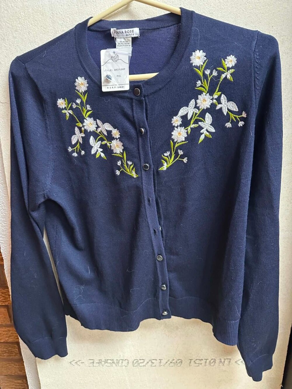 Anna Rose Petite Navy Cardigan with White Floral Embroidery